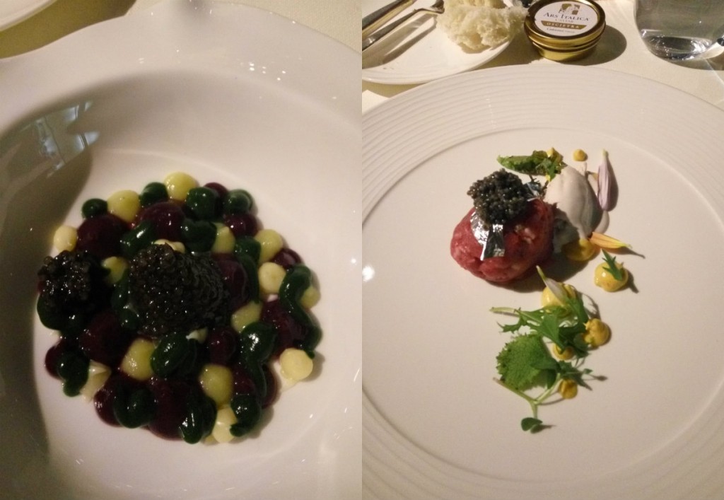 Zuppetta di uva fragola, cioccolato bianco e cipollotto_caviale Oscietra Imperial "Puro Sale/ Tartare di manzo con emulsione al curry, sorbetto di mandorle_caviale Sevruga Royal